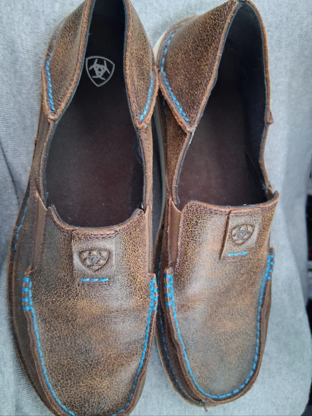 Ariat Brown Leather Slip-On Loafers with Blue Stitching